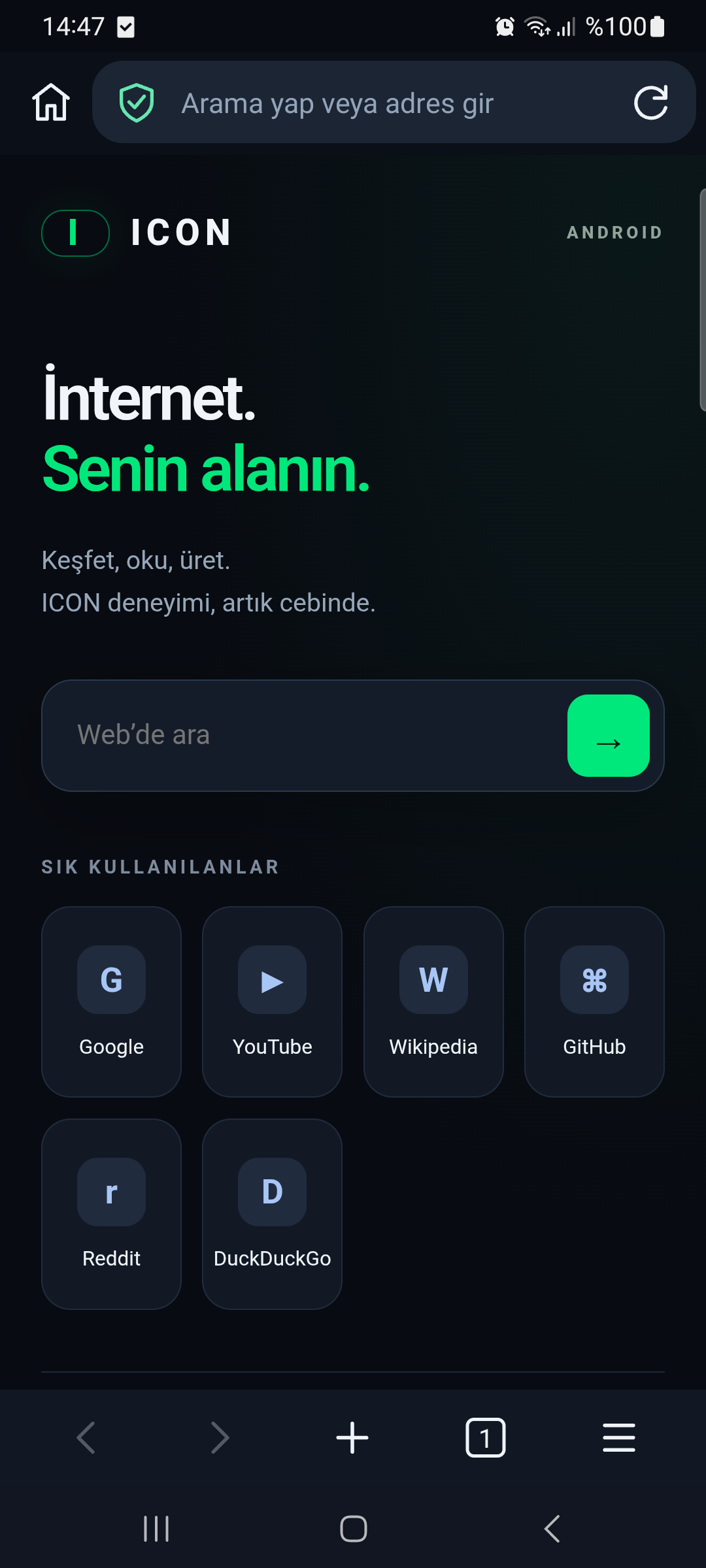 ICON Browser mobil önizleme ekranı
